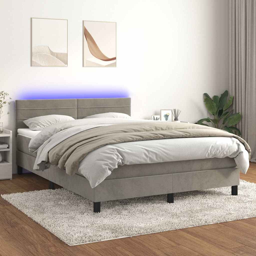 vidaXL Боксспринг легло с матрак и LED светлосиво 140x200 см кадифе