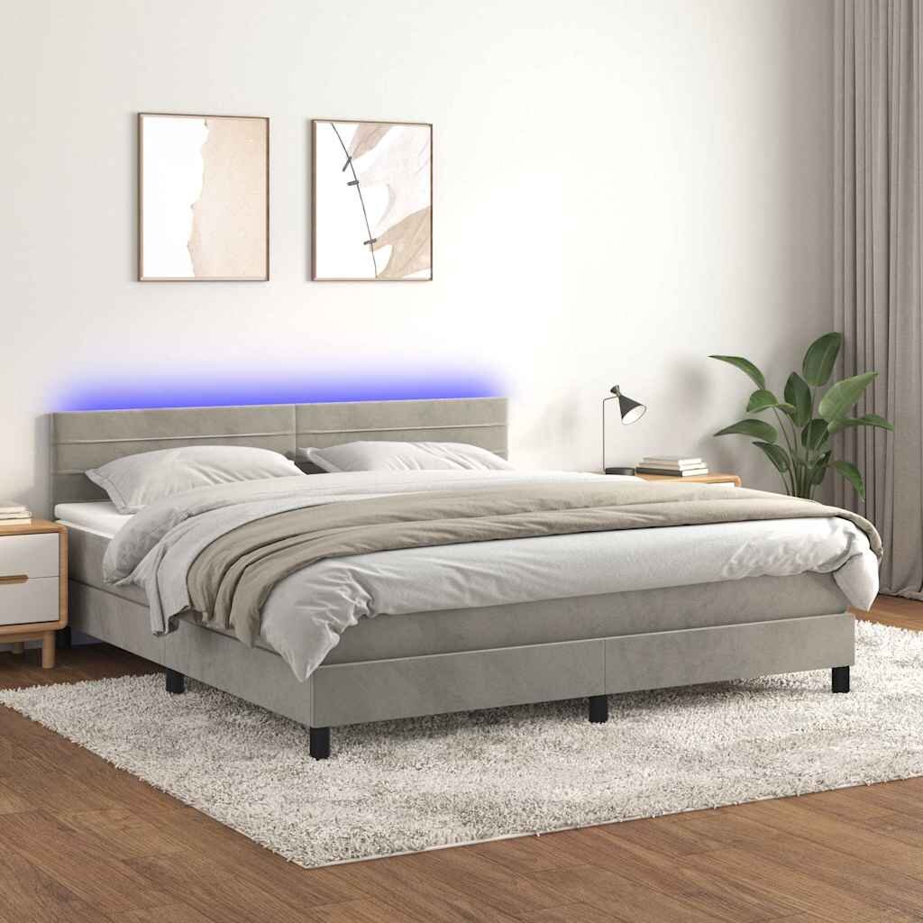 vidaXL Боксспринг легло с матрак и LED светлосиво 160x200 см кадифе
