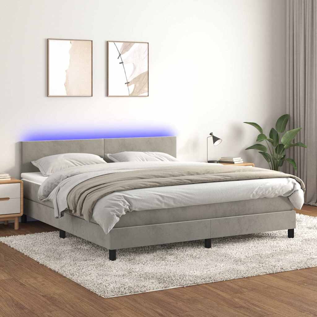 vidaXL Боксспринг легло с матрак и LED светлосиво 180x200 см кадифе