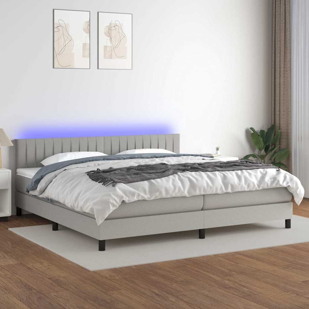 vidaXL Боксспринг легло с матрак и LED светлосиво 200x200 см плат