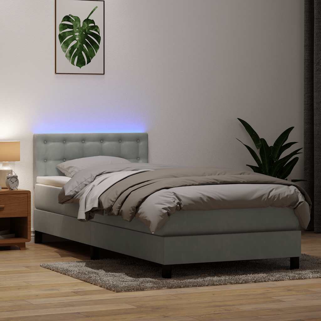 vidaXL Боксспринг легло с матрак и LED светлосиво 80x220 см кадифе
