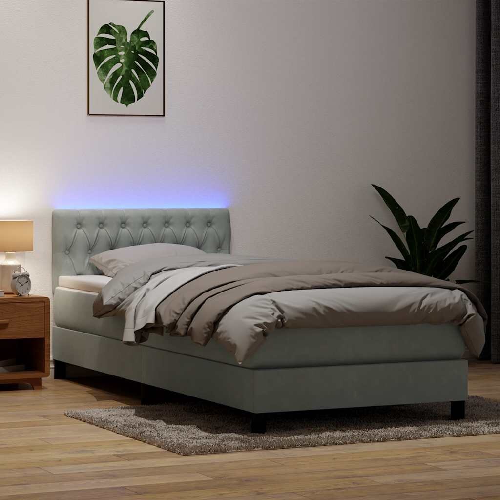 vidaXL Боксспринг легло с матрак и LED светлосиво 80x220 см кадифе