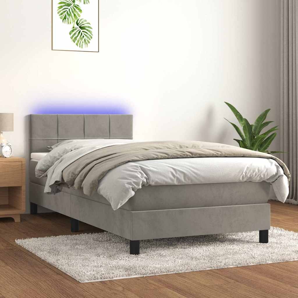 vidaXL Боксспринг легло с матрак и LED светлосиво 90x200 см кадифе