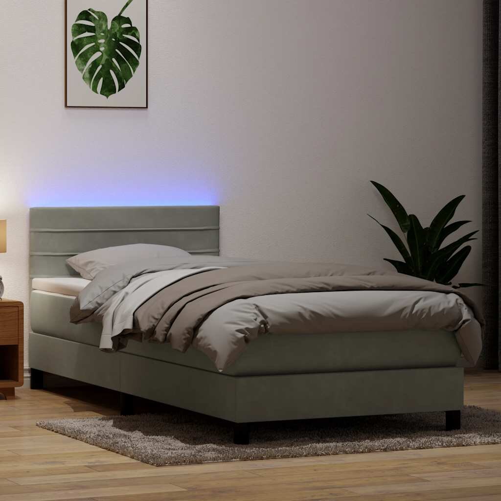 vidaXL Боксспринг легло с матрак и LED светлосиво 90x220 см кадифе