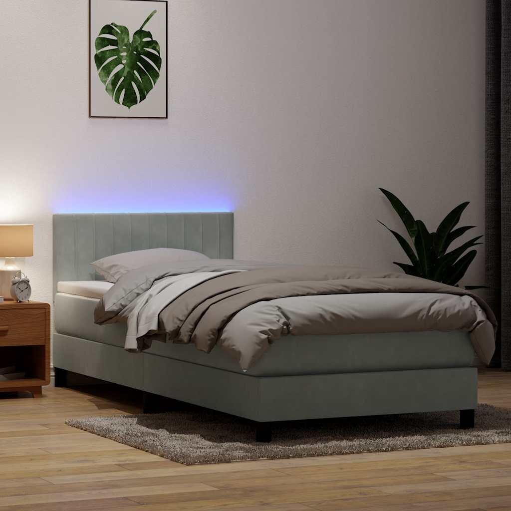 vidaXL Боксспринг легло с матрак и LED светлосиво 90x220 см кадифе