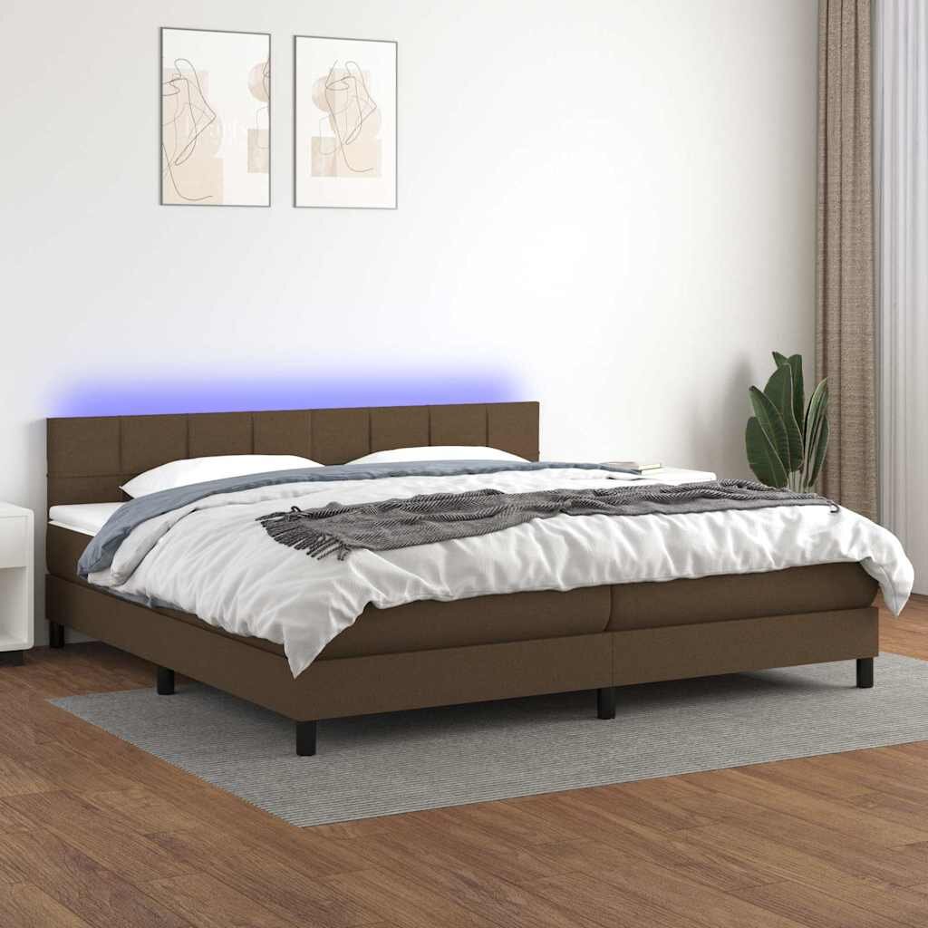 vidaXL Боксспринг легло с матрак и LED тъмнокафява 200x200 см плат