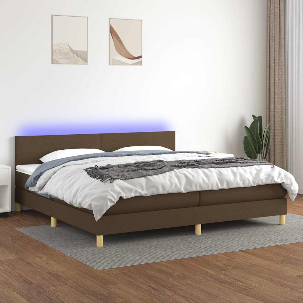 vidaXL Боксспринг легло с матрак и LED тъмнокафява 200x200 см плат