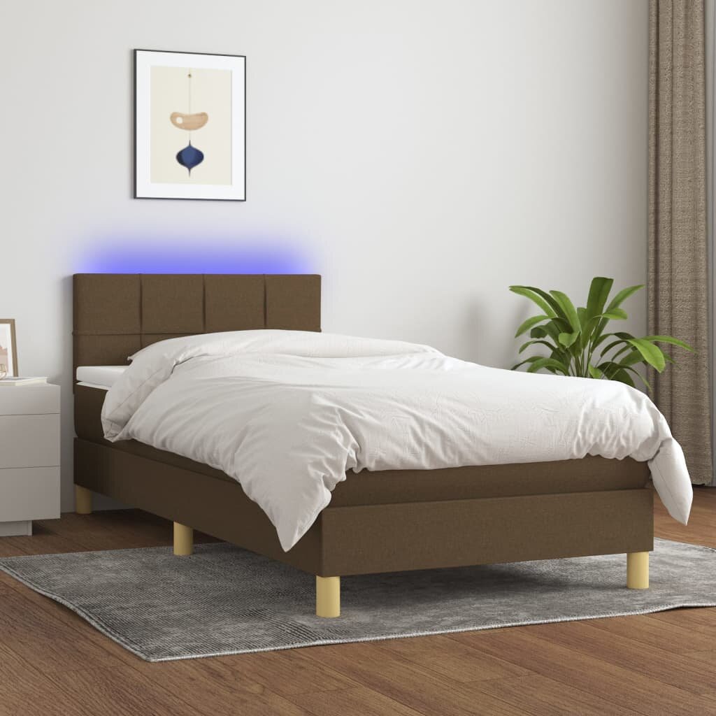 vidaXL Боксспринг легло с матрак и LED тъмнокафява 90x190 см плат