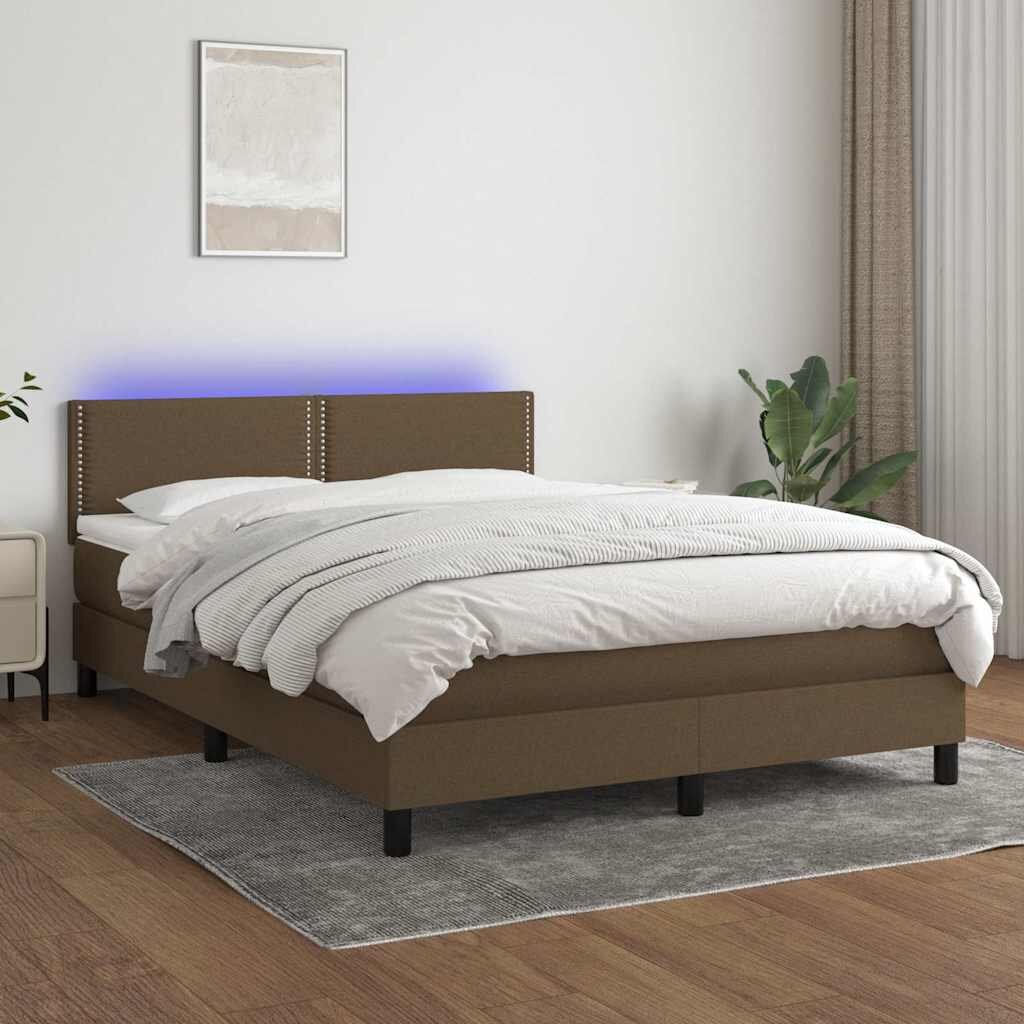 vidaXL Боксспринг легло с матрак и LED тъмнокафяво 140x190 см плат