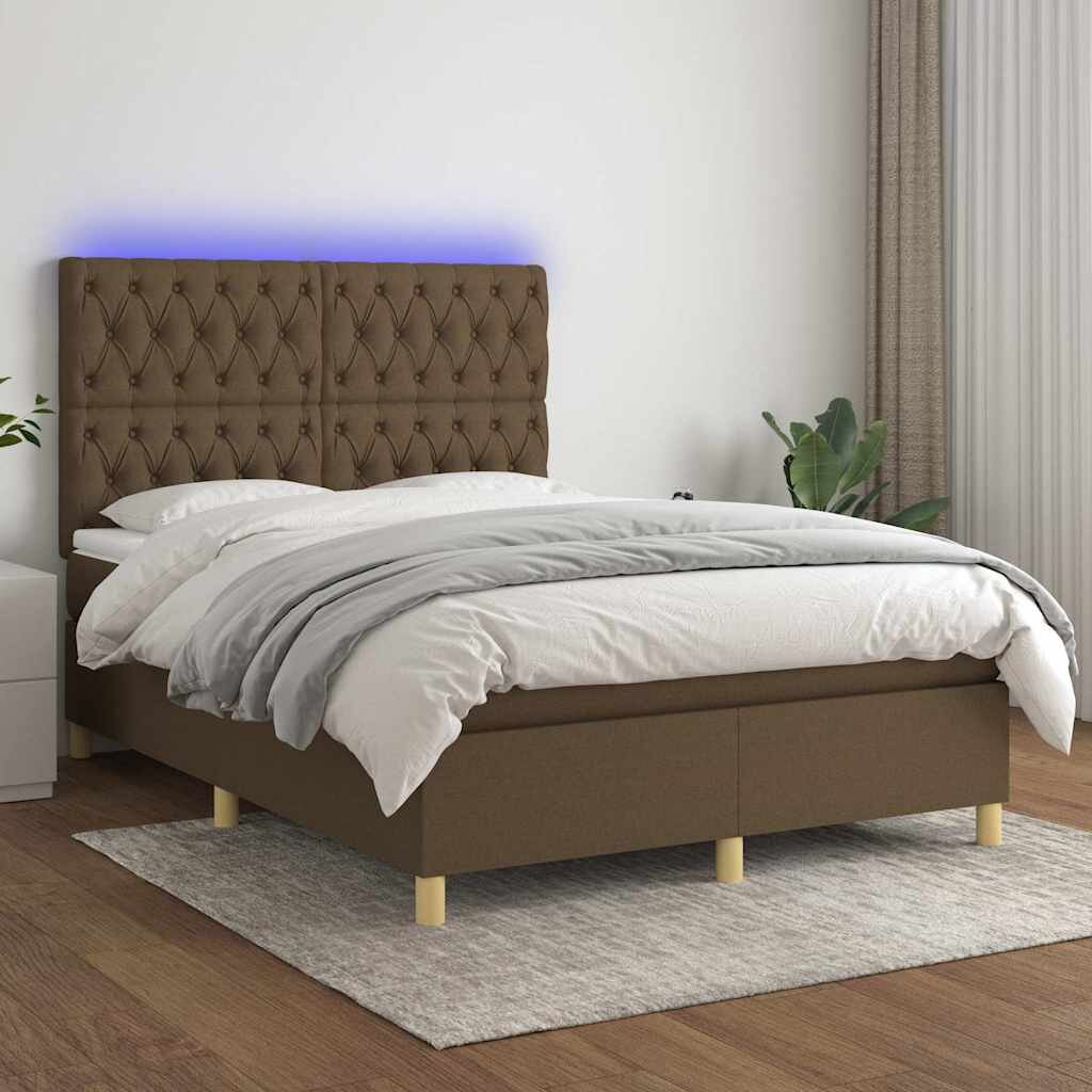 vidaXL Боксспринг легло с матрак и LED тъмнокафяво 140x190 см плат