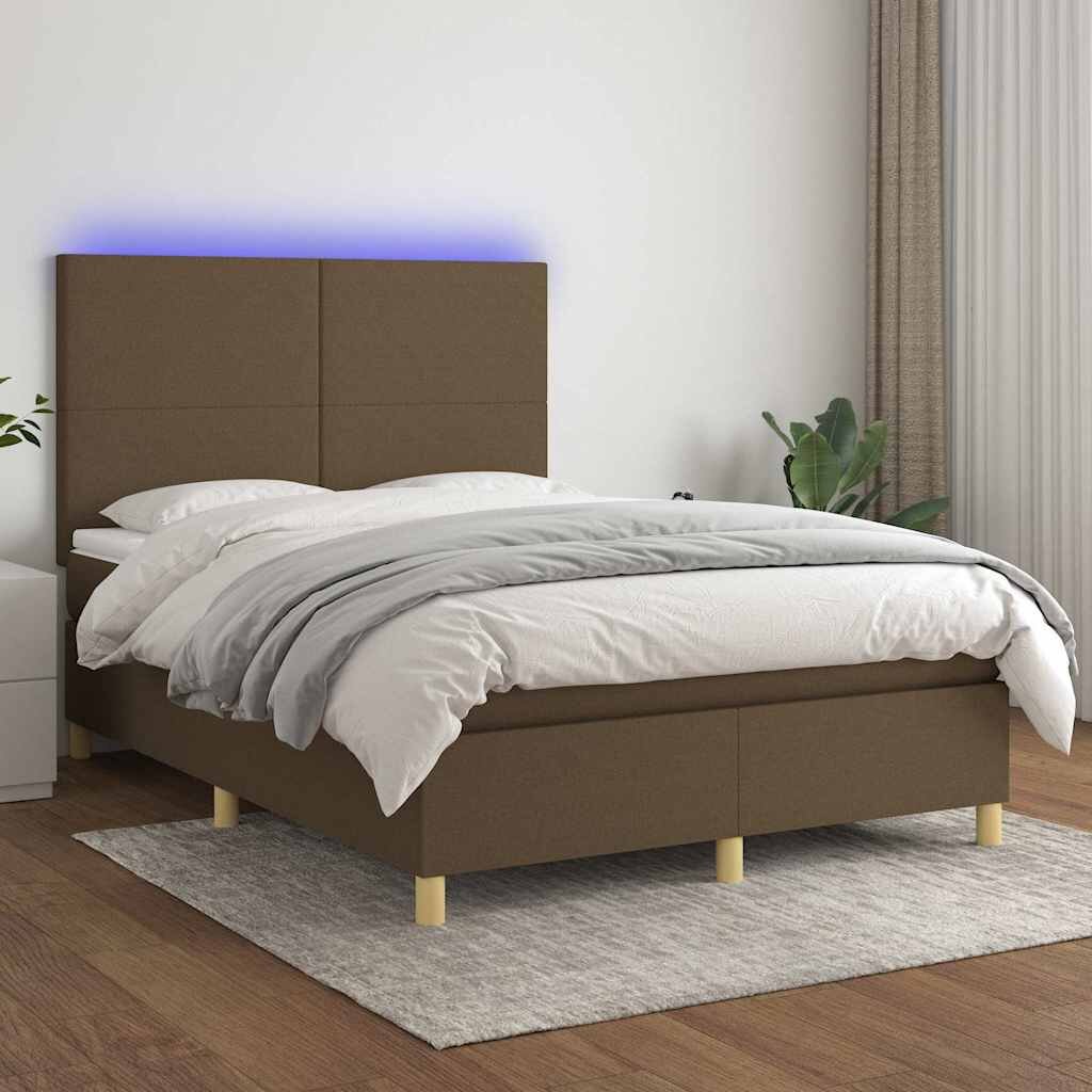 vidaXL Боксспринг легло с матрак и LED тъмнокафяво 140x200 см плат