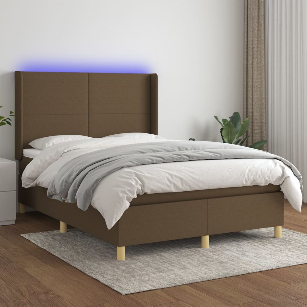 vidaXL Боксспринг легло с матрак и LED тъмнокафяво 140x200 см плат