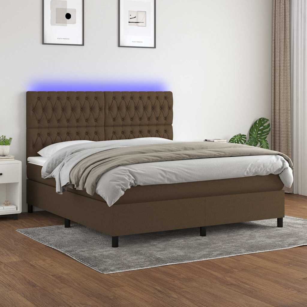 vidaXL Боксспринг легло с матрак и LED тъмнокафяво 160x200 см плат
