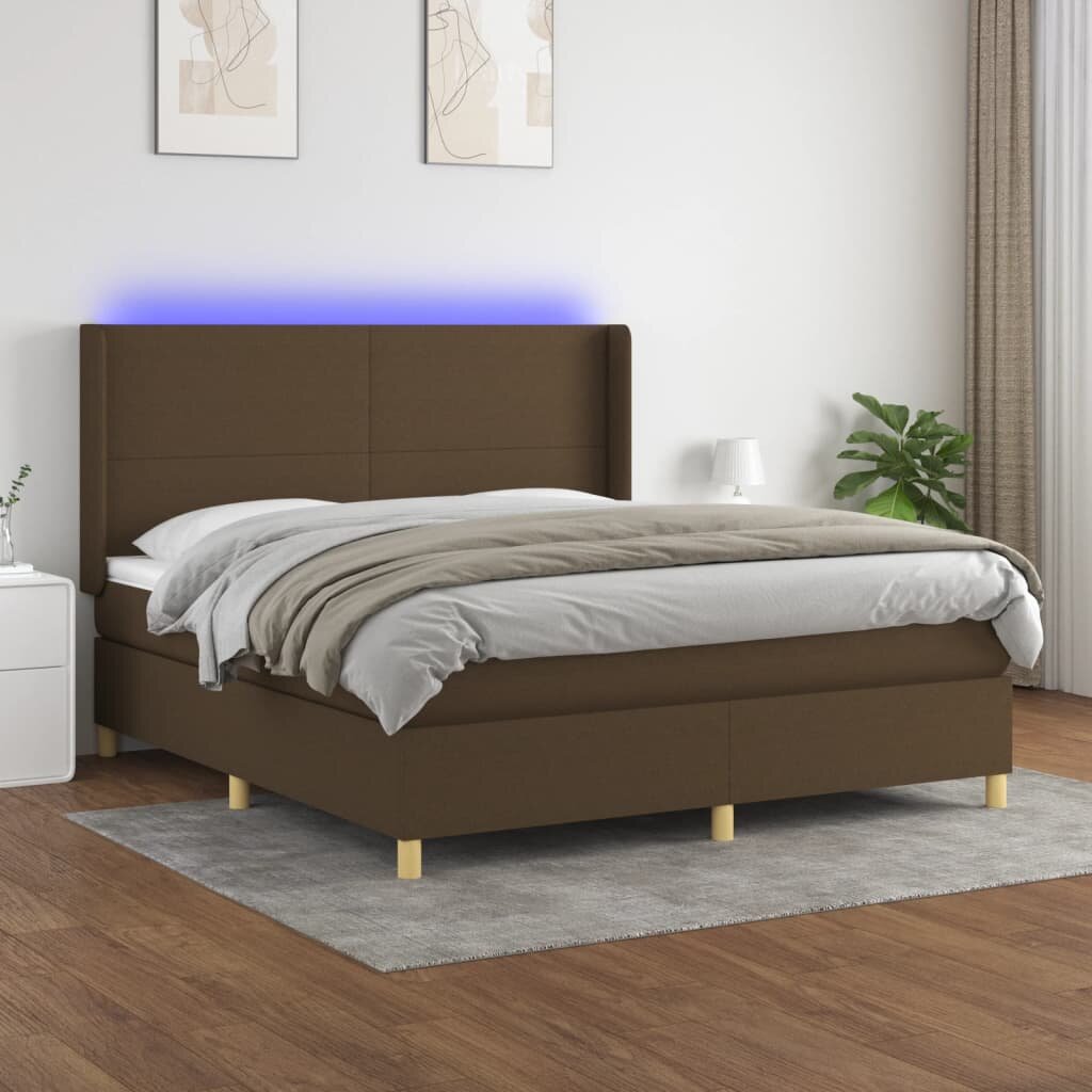 vidaXL Боксспринг легло с матрак и LED тъмнокафяво 160x200 см плат
