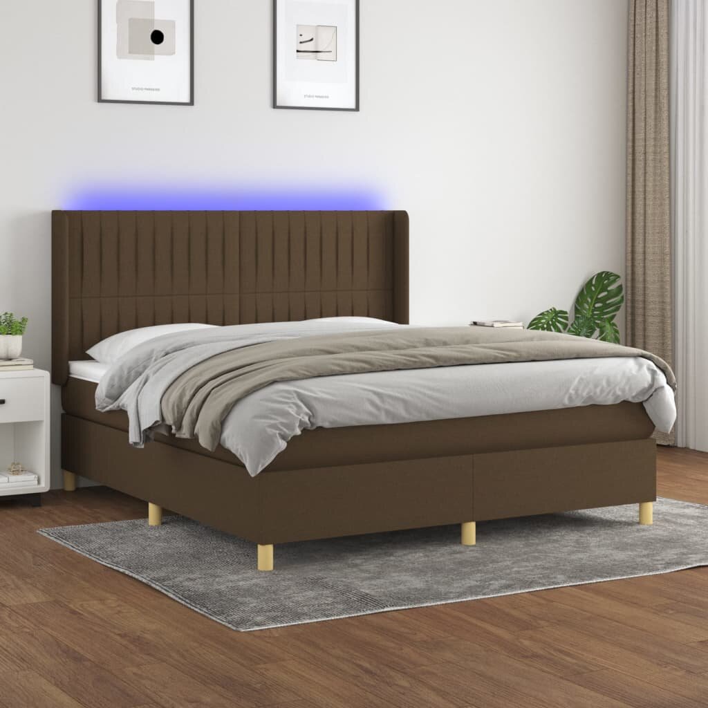 vidaXL Боксспринг легло с матрак и LED тъмнокафяво 180x200 см плат