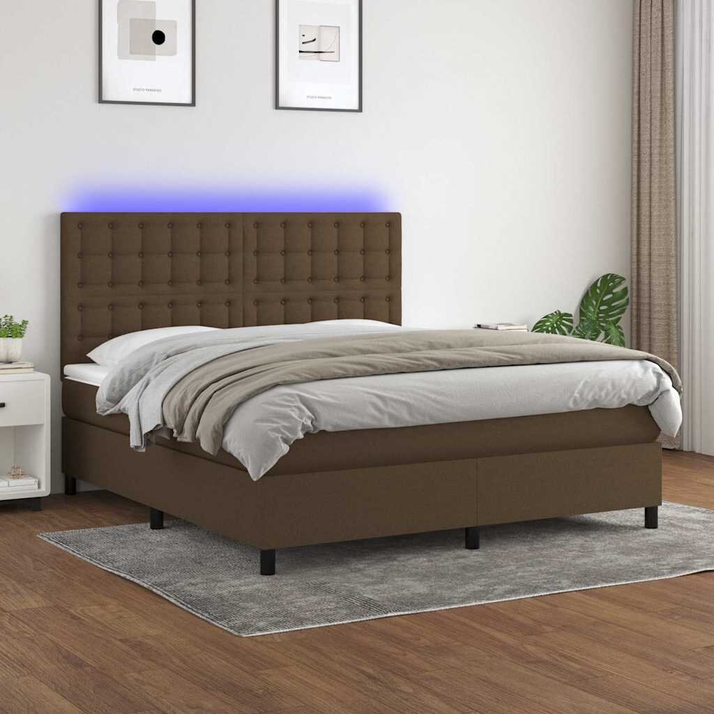 vidaXL Боксспринг легло с матрак и LED тъмнокафяво 180x200 см плат