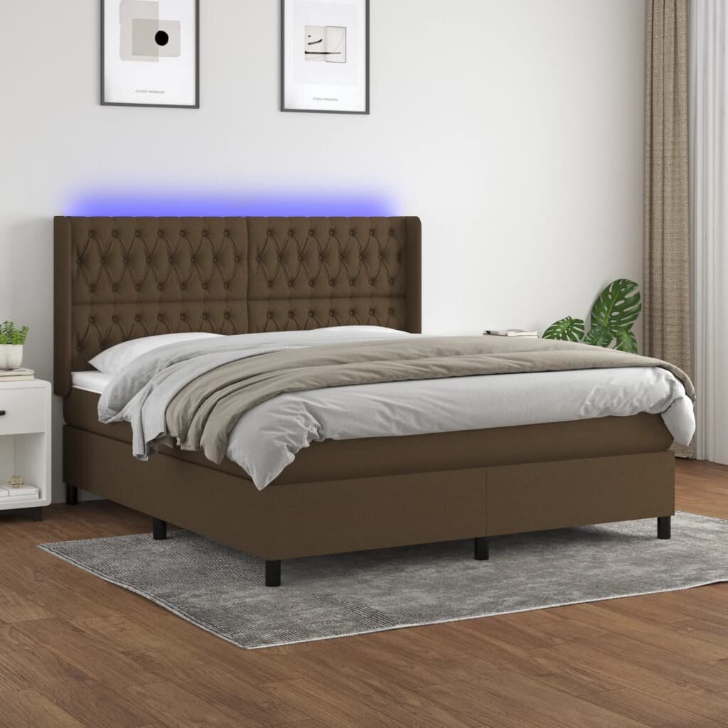 vidaXL Боксспринг легло с матрак и LED тъмнокафяво 180x200 см плат