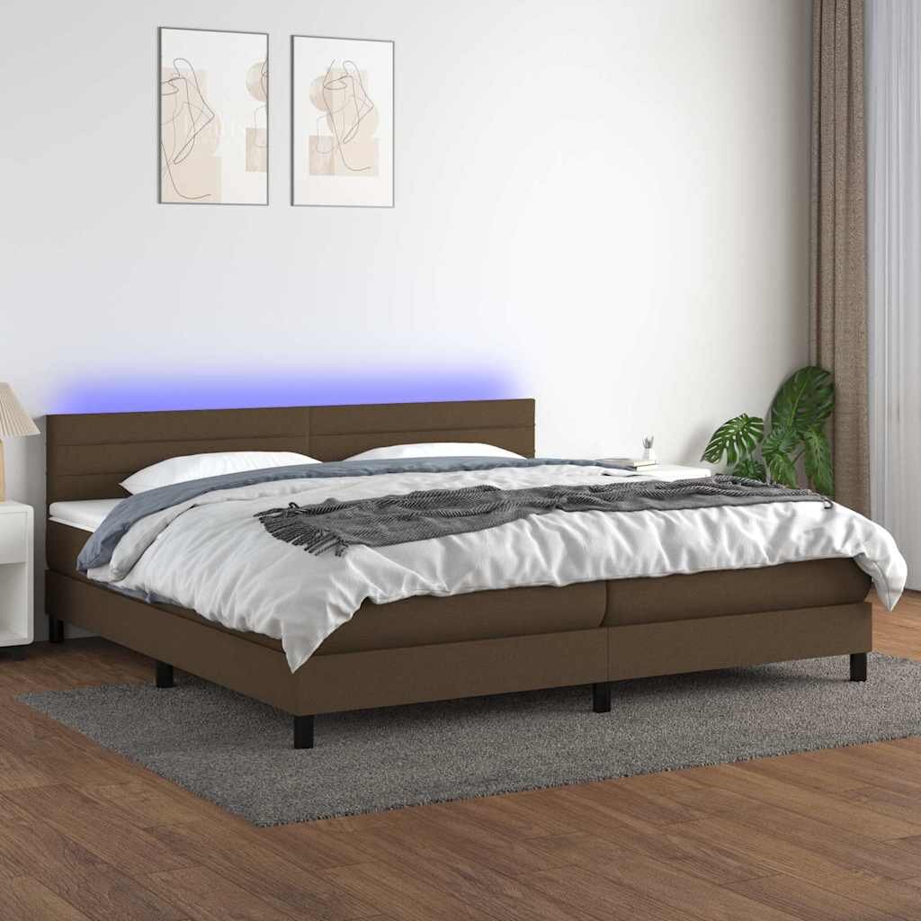 vidaXL Боксспринг легло с матрак и LED тъмнокафяво 200x200 см плат