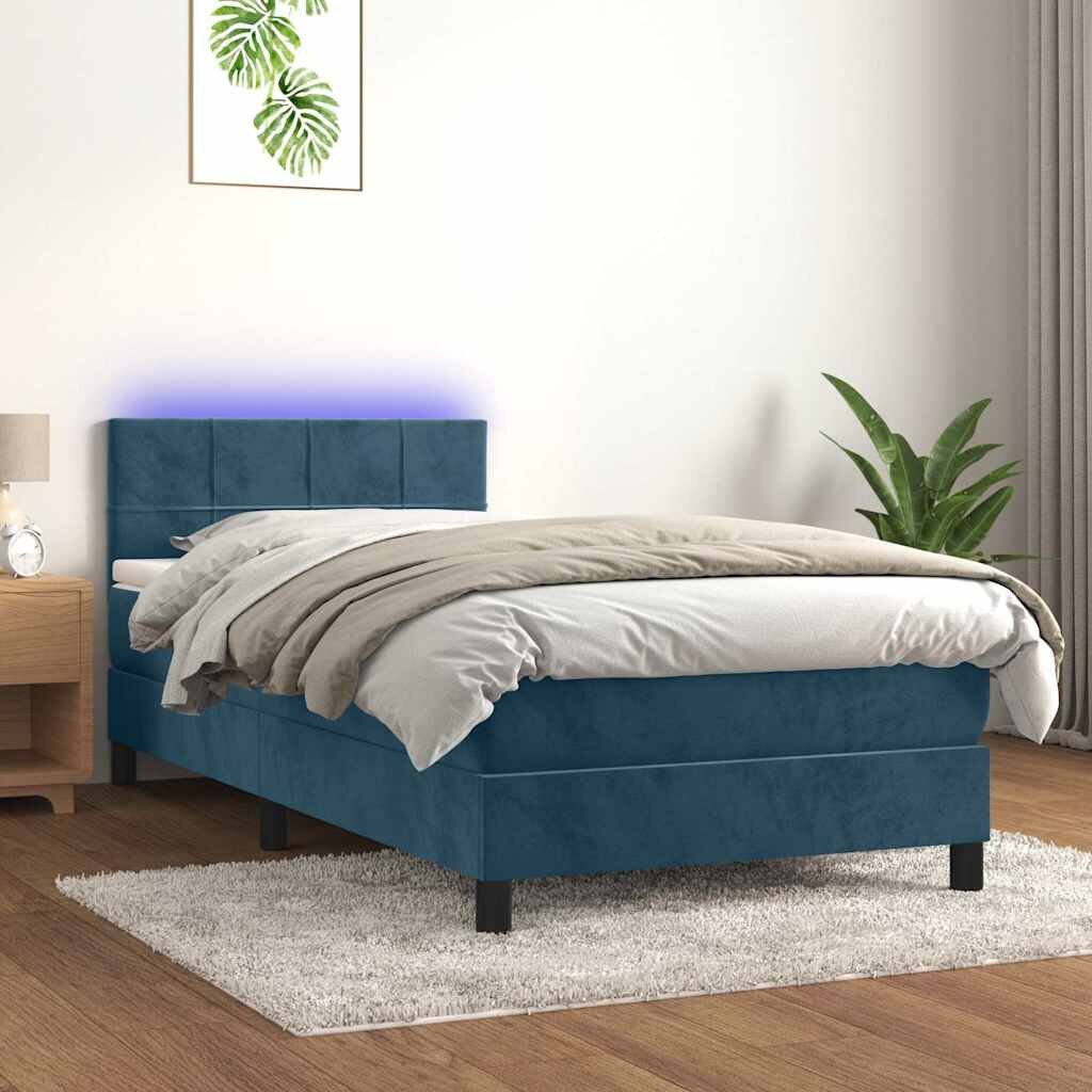 vidaXL Боксспринг легло с матрак и LED тъмносиньо 100x200 см кадифе