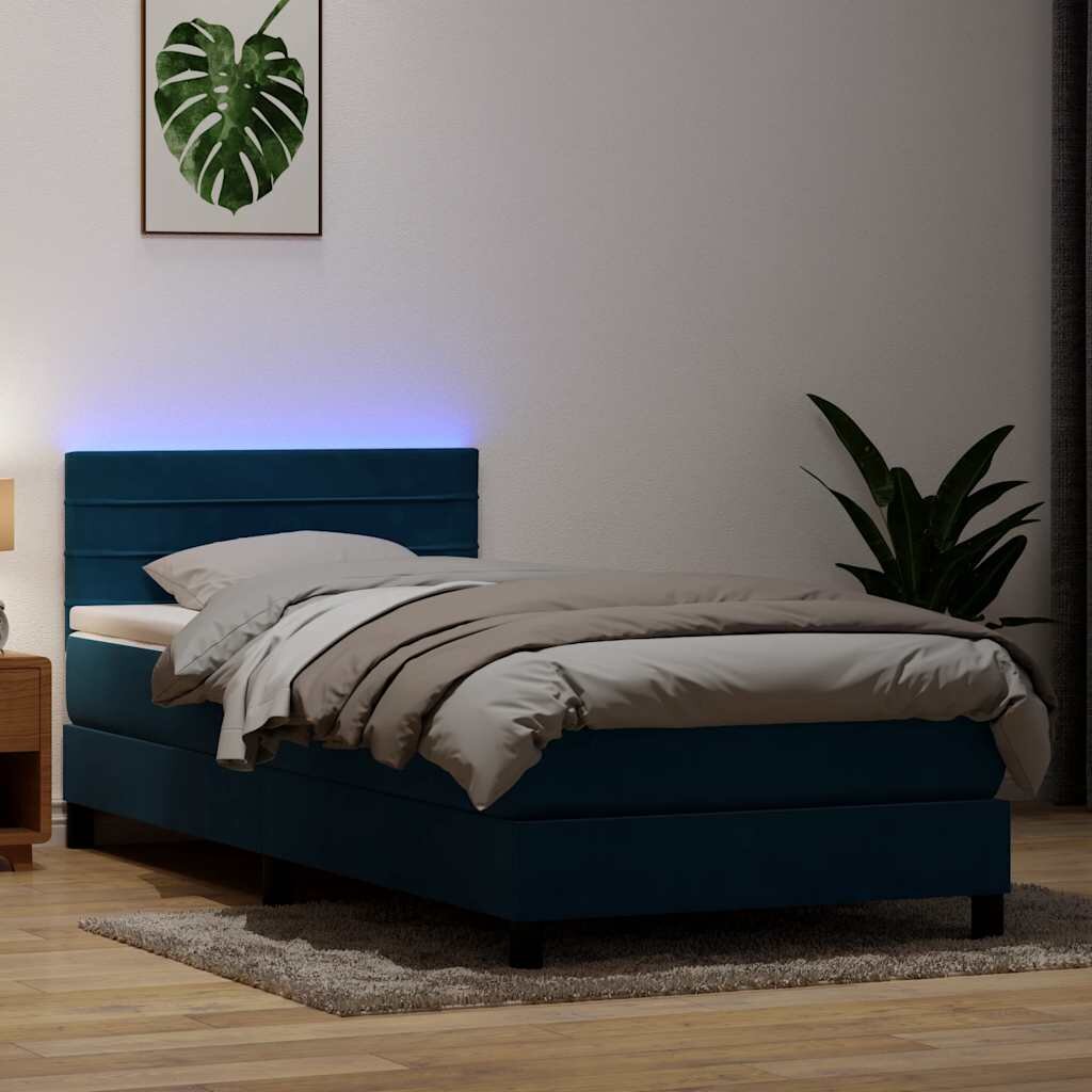 vidaXL Боксспринг легло с матрак и LED тъмносиньо 80x220 cm кадифе