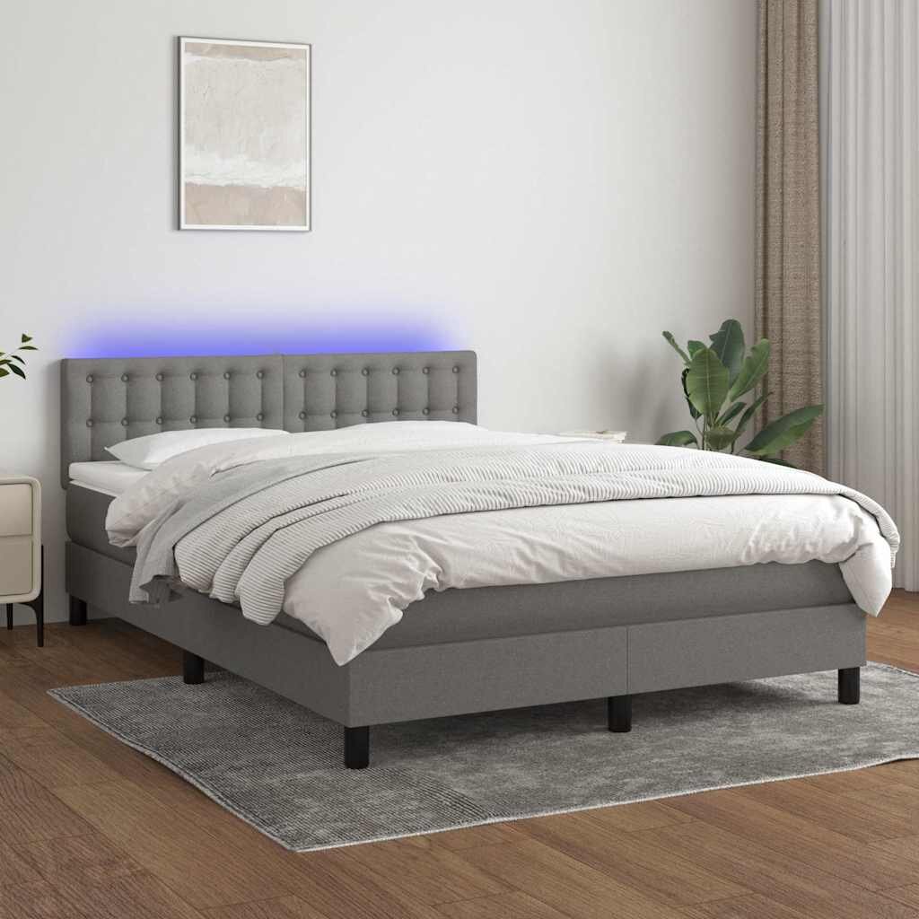 vidaXL Боксспринг легло с матрак и LED тъмносиво 140x190 см плат