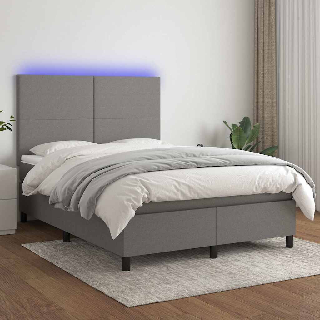 vidaXL Боксспринг легло с матрак и LED тъмносиво 140x190 см плат
