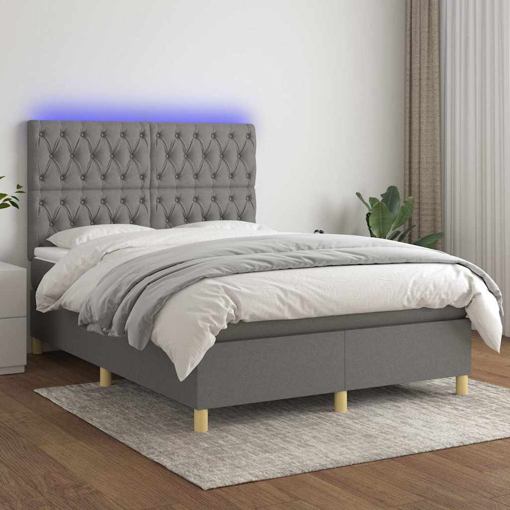 vidaXL Боксспринг легло с матрак и LED тъмносиво 140x200 см плат