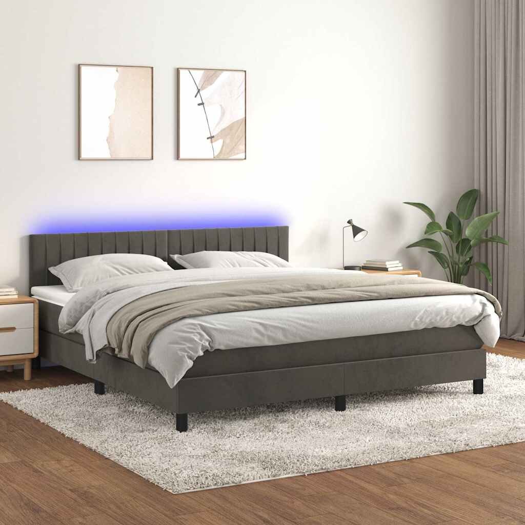 vidaXL Боксспринг легло с матрак и LED тъмносиво 160x200 см кадифе