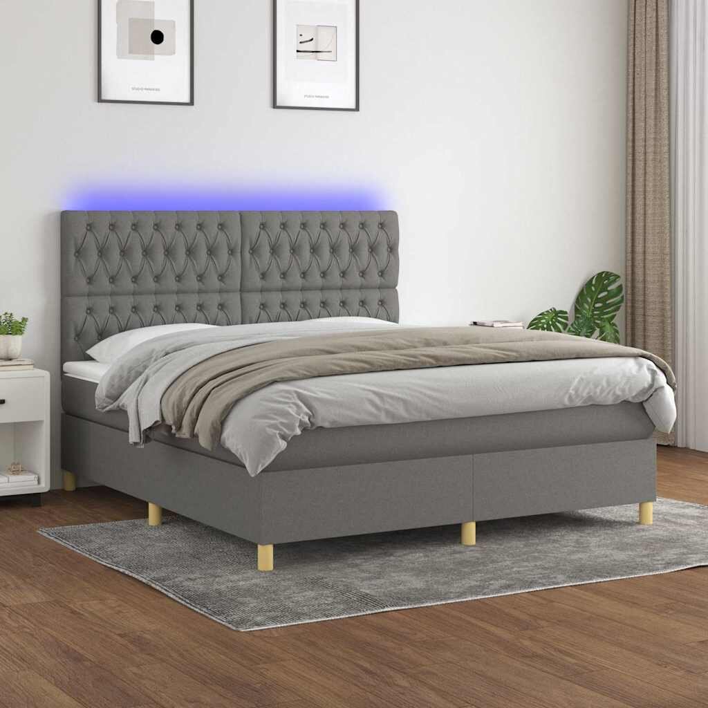 vidaXL Боксспринг легло с матрак и LED тъмносиво 160x200 см плат