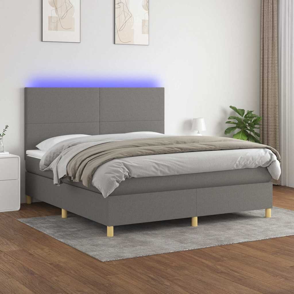 vidaXL Боксспринг легло с матрак и LED тъмносиво 180x200 см плат