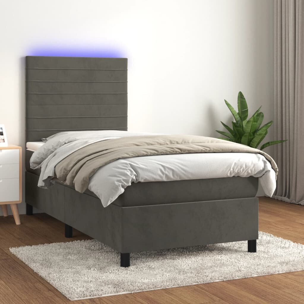 vidaXL Боксспринг легло с матрак и LED тъмносиво 90x190 см кадифе