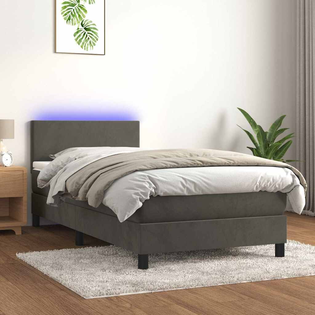 vidaXL Боксспринг легло с матрак и LED тъмносиво 90x190 см кадифе
