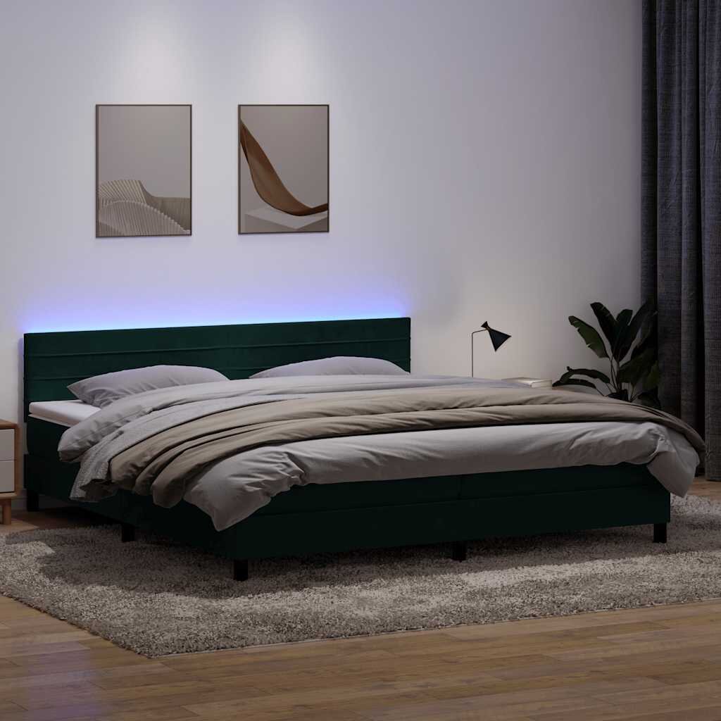 vidaXL Боксспринг легло с матрак и LED тъмнозелено 180x220 см кадифе