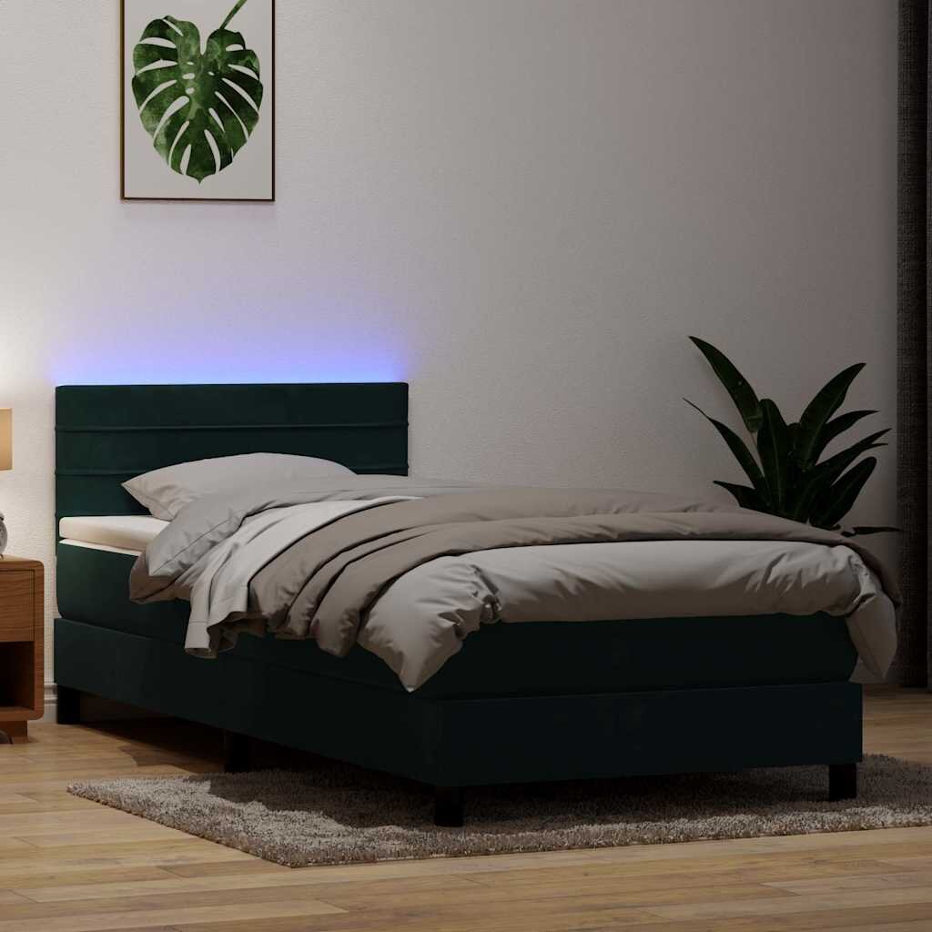 vidaXL Боксспринг легло с матрак и LED тъмнозелено 80x220 см кадифе
