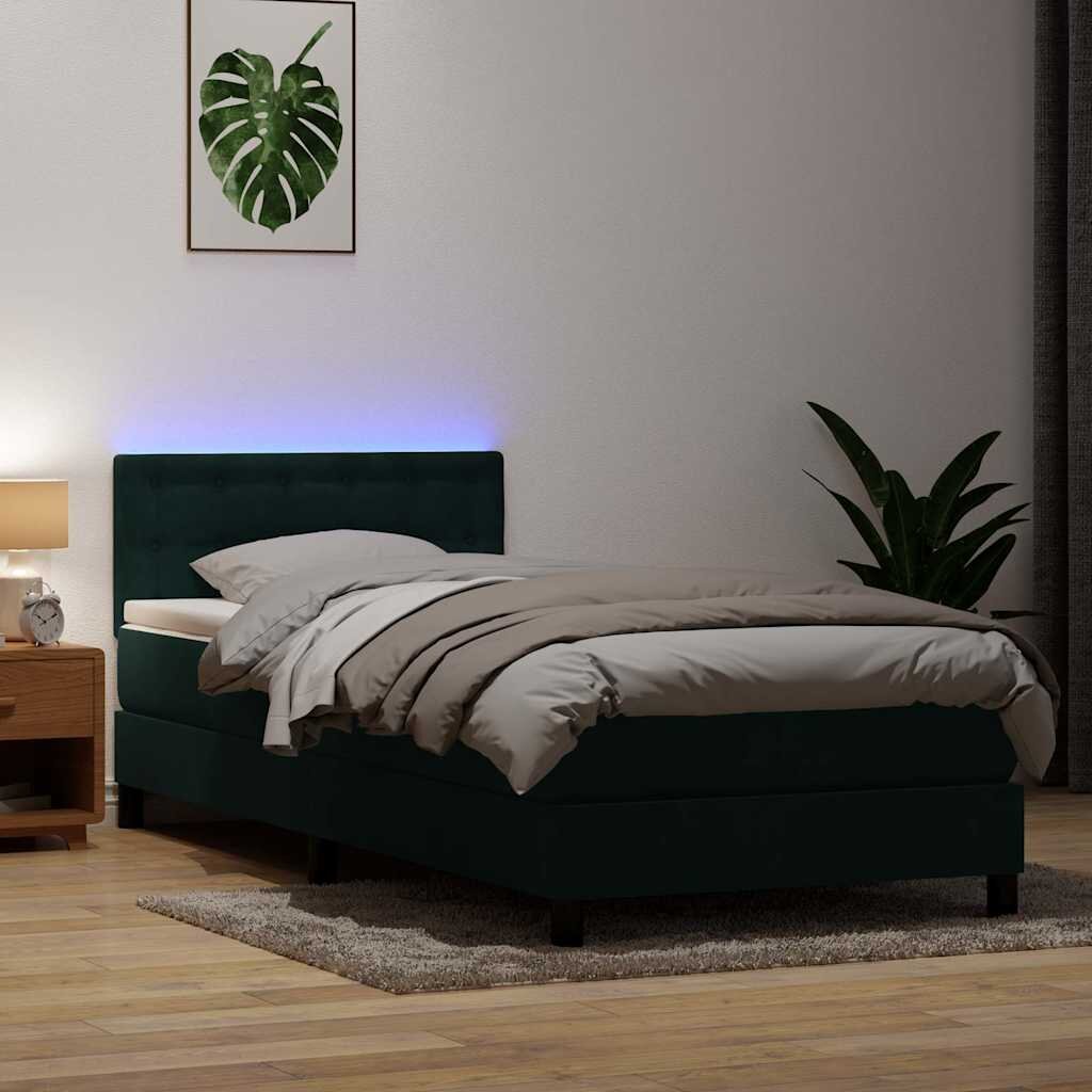 vidaXL Боксспринг легло с матрак и LED тъмнозелено 80x220 см кадифе