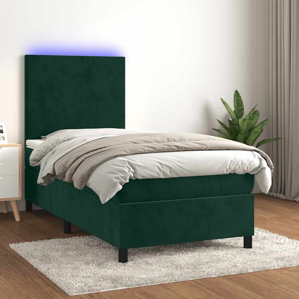 vidaXL Боксспринг легло с матрак и LED тъмнозелено 90x200 см кадифе