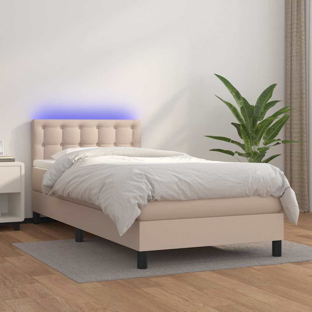 vidaXL Боксспринг легло с матрак LED капучино 90x200см изкуствена кожа