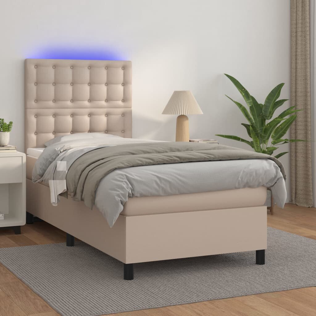 vidaXL Боксспринг легло с матрак LED капучино 90x200см изкуствена кожа