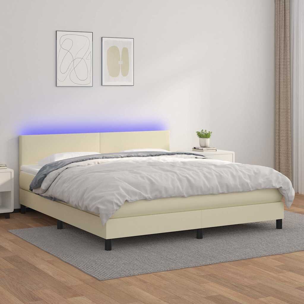 vidaXL Боксспринг легло с матрак LED кремаво 180x200см изкуствена кожа