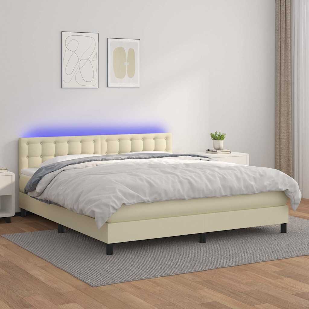 vidaXL Боксспринг легло с матрак LED кремаво 180x200см изкуствена кожа