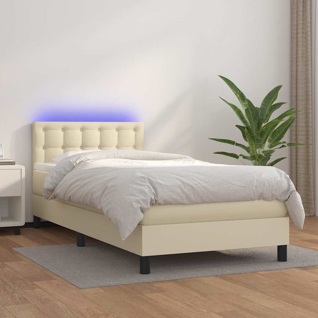 vidaXL Боксспринг легло с матрак LED кремаво 90x200 см изкуствена кожа
