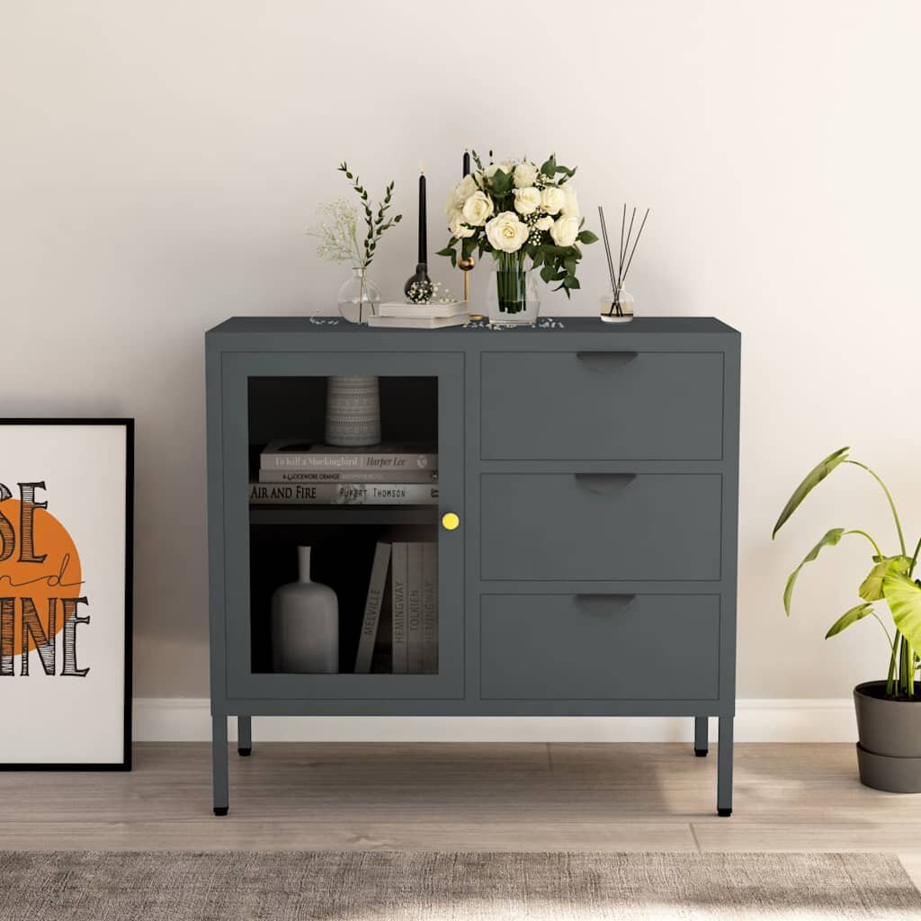 vidaXL Бюфет антрацит 75x35x70 см стомана и закалено стъкло