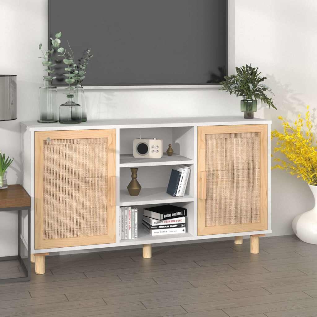 vidaXL Бюфет бял 105x30x60 см бор масив и естествен ратан