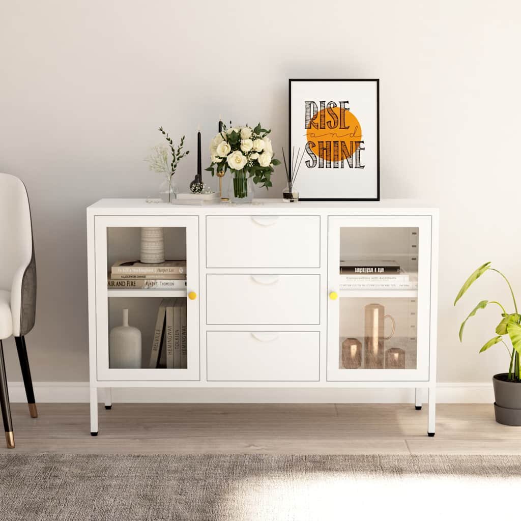 vidaXL Бюфет бял 105x35x70 см стомана и закалено стъкло