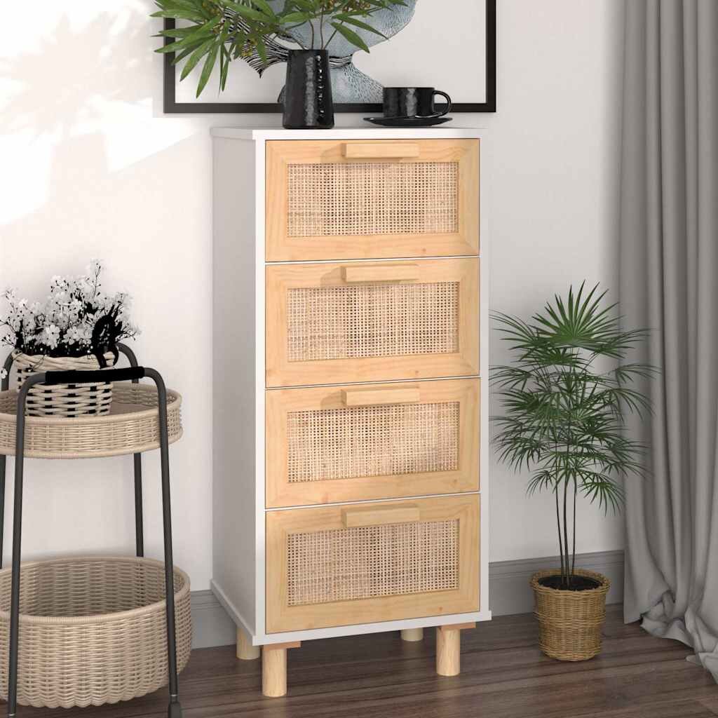 vidaXL Бюфет бял 40x30x90 см бор масив и естествен ратан