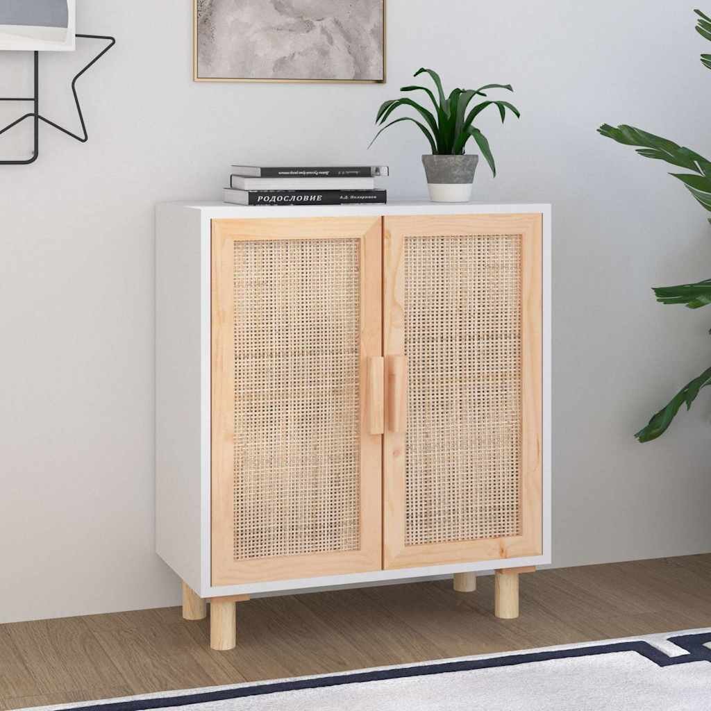 vidaXL Бюфет бял 60x30x70 см бор масив и естествен ратан