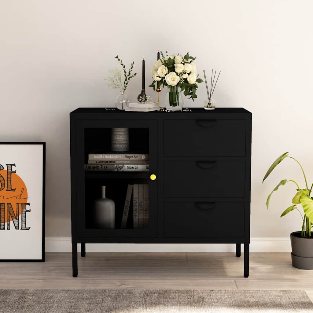 vidaXL Бюфет черен 75x35x70 см стомана и закалено стъкло