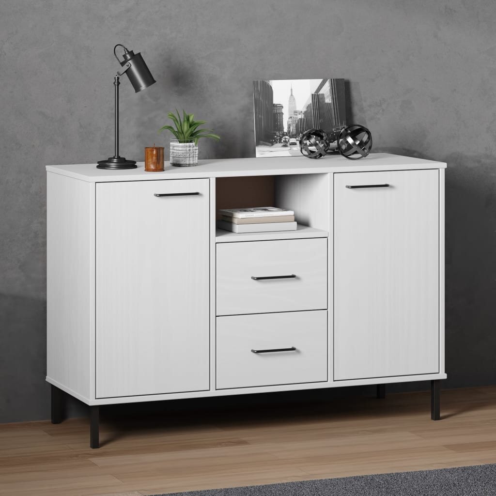 vidaXL Бюфет с метални крака бял 113x40x77 см масивно дърво OSLO