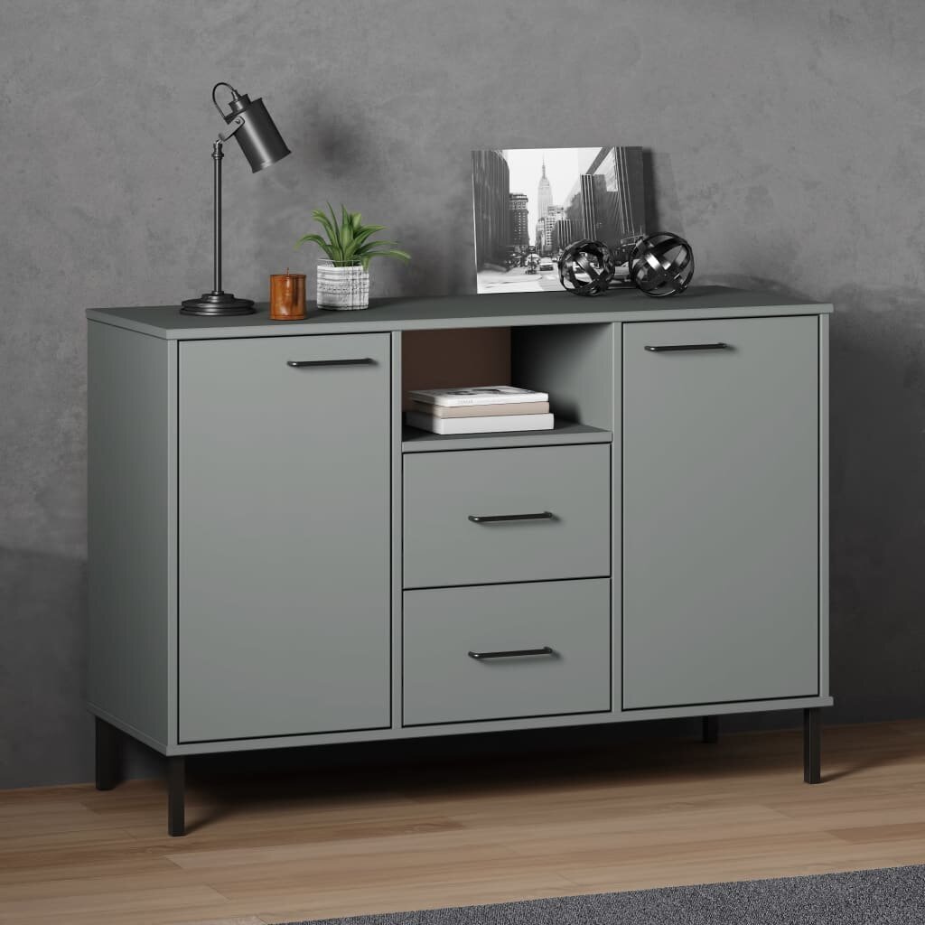vidaXL Бюфет с метални крака сива 113x40x77 см масивно дърво OSLO