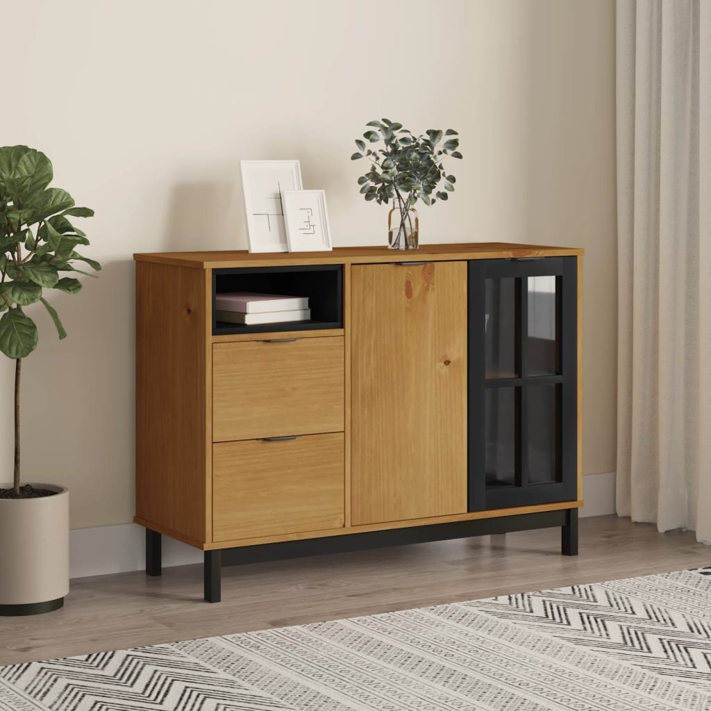 vidaXL Бюфет със стъклени вратички FLAM 110x40x80 см бор масив